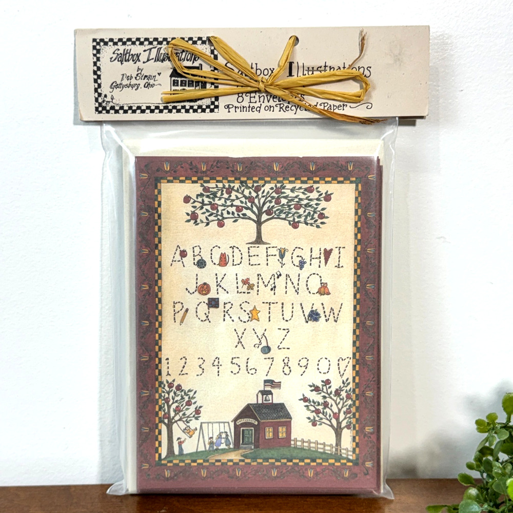 Deb Strain 8 Cards Envelopes Primitive Country Americana Schoolhouse Alphabet